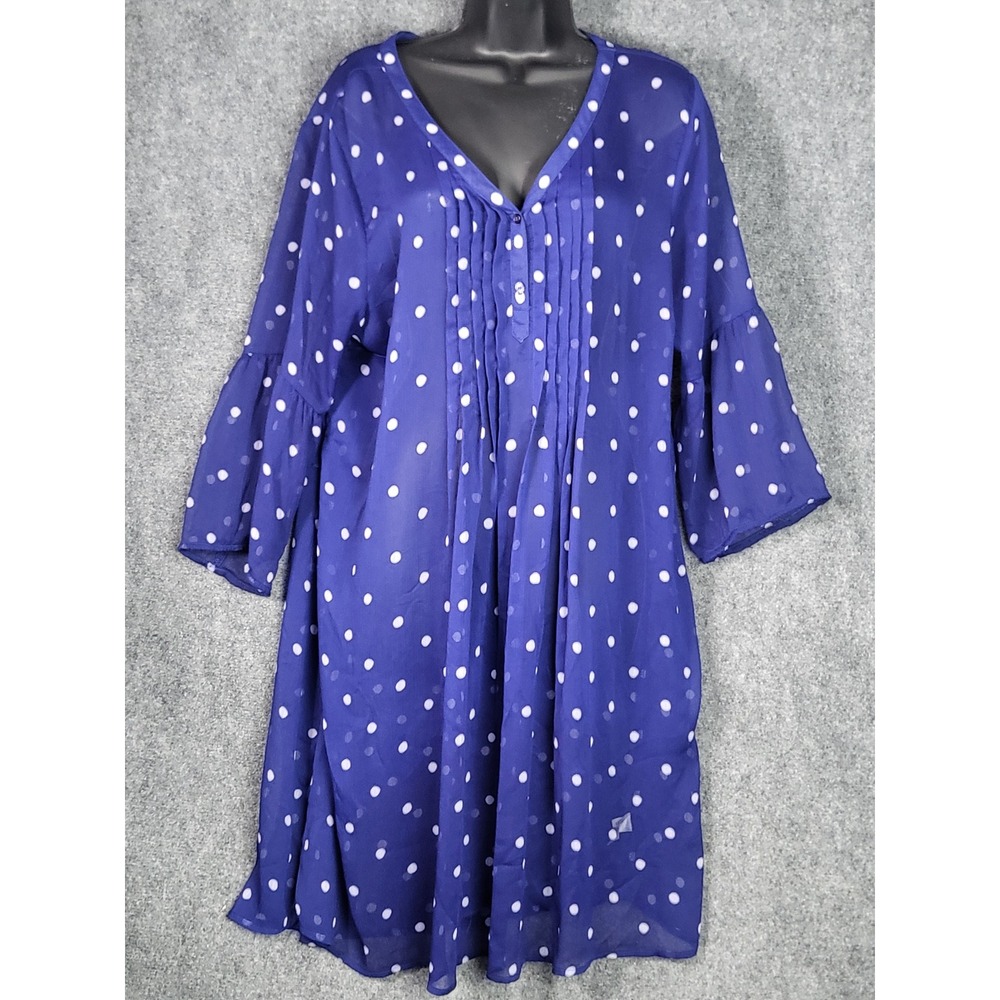 Old Navy XL Tunic Top Royal Blue White Polka Dot Bell Sleeve Blouse‎ Cottagecore